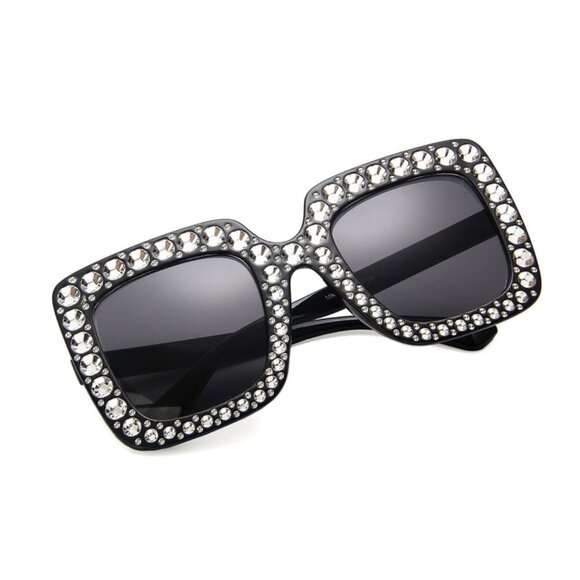 Retro Black Crystal Embellished‎ Chunky Oversized Square Sunglasses Shades - Picture 4 of 4
